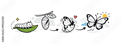 From caterpillar to butterfly. Sequence of simple stages arranged in a flowing line, leaf, cocoon, and emerging