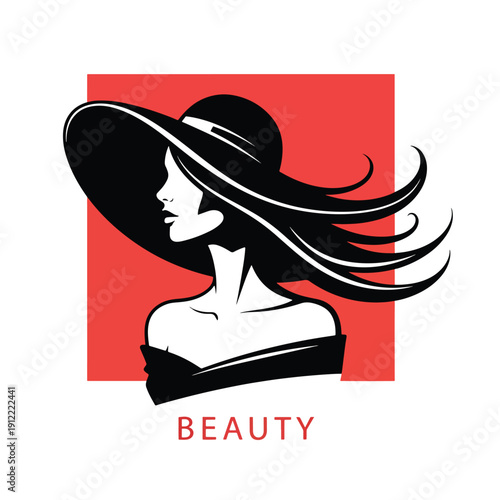 Elegant Woman in a Wide-Brimmed Hat with Flowing Hair, Stylized Vector Profile Illustration