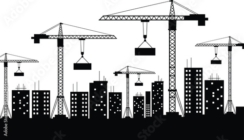 Construction cranes skyline silhouette, urban development concept, city building growth, engineering industry background, modern architecture, vector illustration, industrial landscape design