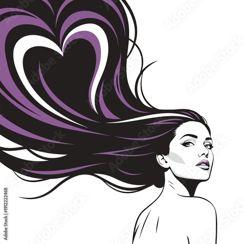 Graceful woman with vibrant, flowing heart-shaped hair, a stunning vector beauty illustration.