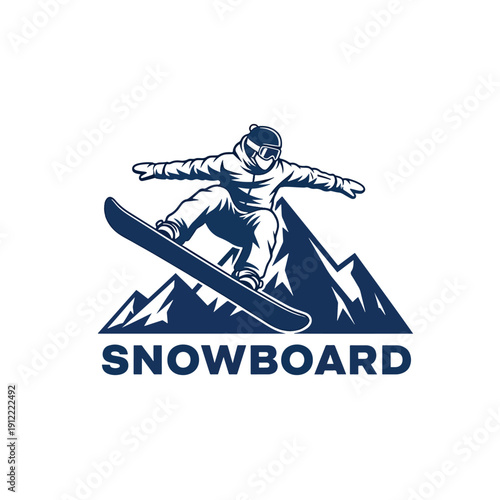 Dynamic vector graphic of an athlete performing a snowboard jump over rugged mountain peaks
