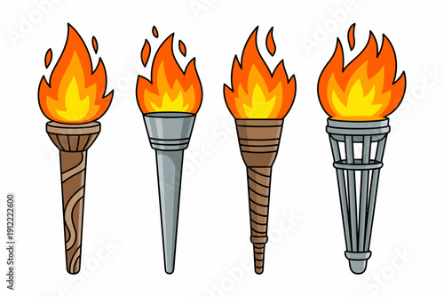 vector set of cartoon torches with flames, various ancient and medieval fire torch styles for fantasy game assets, adventure concept art, and detailed graphic design illustration collection.