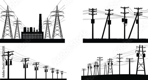 Electric Power Line Silhouettes, Transmission Towers, Utility Poles and Substation Vector Set for Energy Infrastructure, Industrial Design, Electrical Engineering Illustration