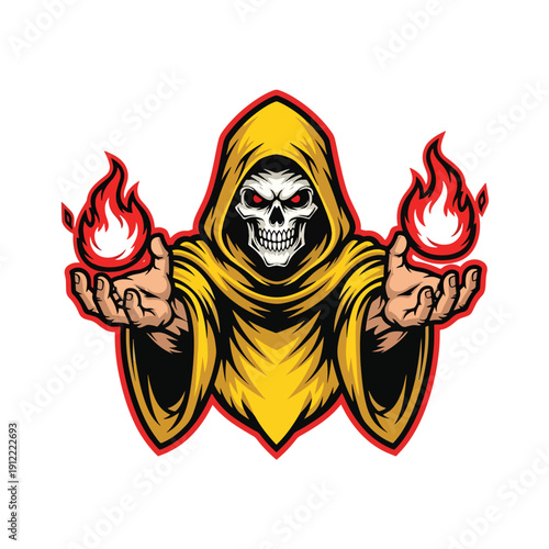 Mystical hooded skeleton figure casting fiery spell, dynamic vector illustration for fantasy themes.
