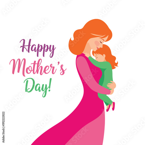 Happy Mother's Day Vector Graphic with Loving Embrace of Mother and Child