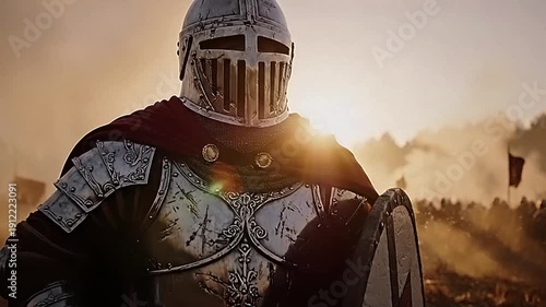 Medieval knight in armor kneeling in a battlefield at sunset.