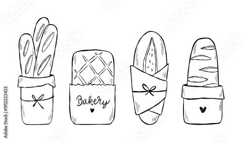 Vector hand-drawn sketch assortment of european bread in aesthetic paper bags. Bakery outline ink drawing for menu, advertising, logo, or web. Baguette line illustration isolated on white background. 