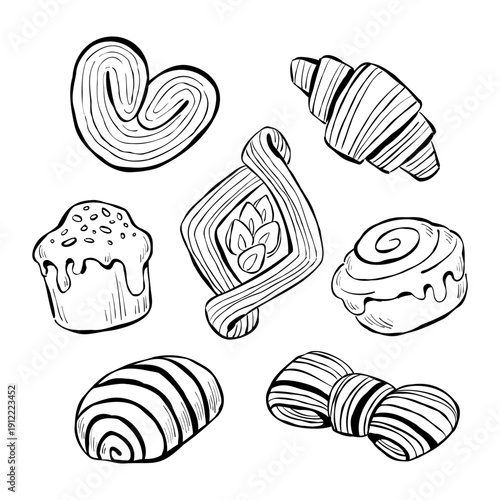Collection of vector hand-drawn croissants, tart, cinnamon roll, and sweet buns isolated on a white background. Sketch clip art with puff pastry desserts for bakery menu, recipes, or advertising.