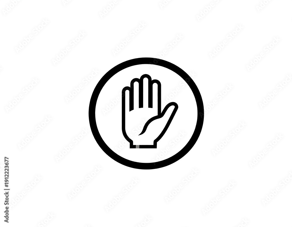 Obraz premium Black and white circular sign featuring an outlined hand, palm outward, in a simple and minimalist design. The hand shape implies a signal