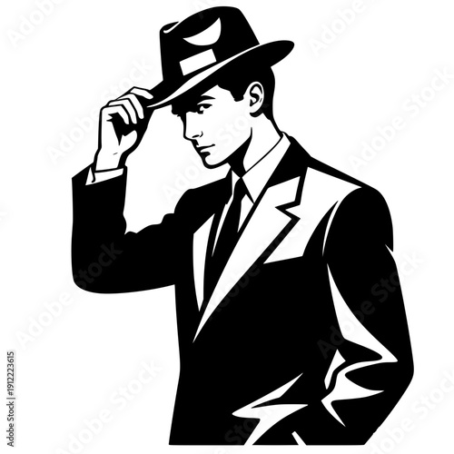 Classic Gentleman Tipping Fedora Hat Portrait - Vintage Retro Man in Suit Illustration