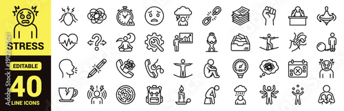 Mental health and wellness icon set with stress, anxiety, meditation, yoga, relaxation, empathy, self‑care, emotional support, and essential mental health ranking symbols in line‑art style