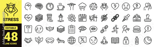 Mental Health Line Icon Set, Wellness and Stress Management Outline Vector Pack with Anxiety, Depression, Meditation, Therapy, Brain, Emotion and Self Care Symbols Isolated on White