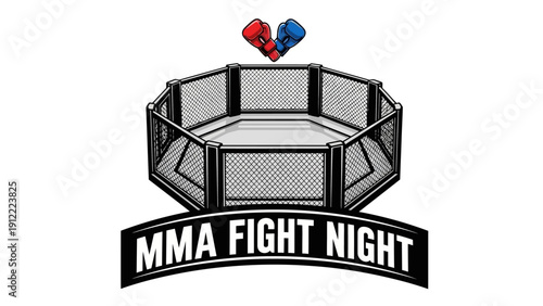 MMA Fight Night Illustration with Boxing Gloves and Cage
