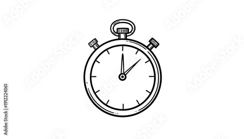 Black and white illustration of a classic stopwatch, featuring a round face, crown, side buttons, and hands