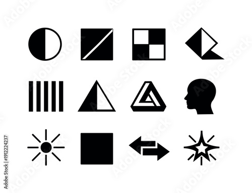High-Contrast Visuals. Line outline icon set of High-Contrast Visuals: light dark circle, bold diagonal split, inverted