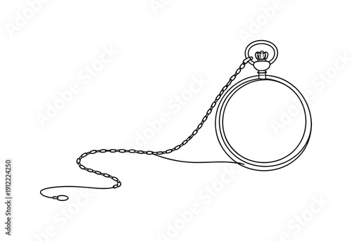 Old Soul Design. Minimalistic one-line drawing retro pocket watch with delicate chain and round case, continuous single