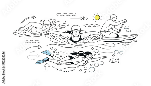 ite, only somSwimming and water sports. Swimmers cutting through water with smooth strokes, splashes forming soft