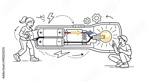 Flashlight internal mechanism. Batteries sending energy through wires to a glowing bulb, arrows clearly showing electric