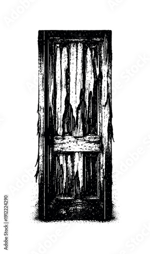 Noir Door Textures. Vertical composition of a tall, weathered door with peeling paint strips forming dramatic patterns,