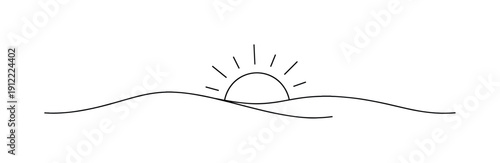 Minimalist Sunrise Drawing. Still Awakening. Minimalistic one-line drawing of the sun subtly rising behind a flat