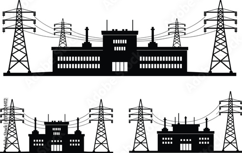 Power station with high voltage transmission towers, industrial energy facility skyline, electrical grid infrastructure, utility substation, energy distribution network systems