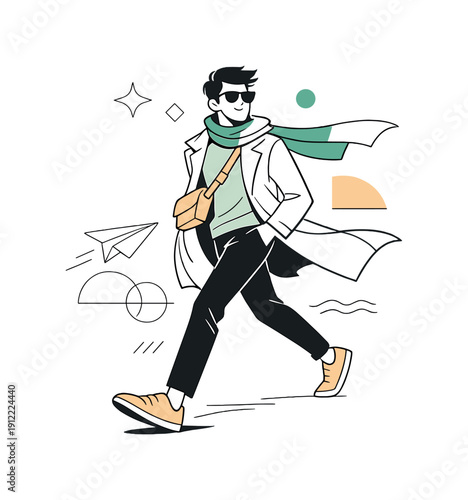 Fashion character in motion. Stylish character stepping forward mid-stride, coat and scarf flowing in the air, confident