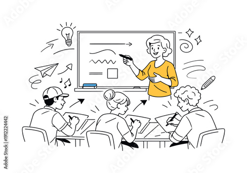 Art instructor teaching students how to draw. Teacher demonstrating simple lines on a board while students sketch at