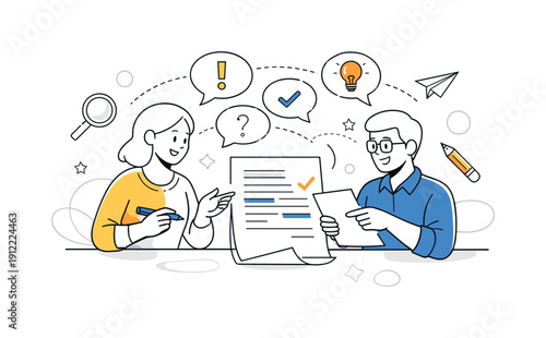 Peer Review Process. Two reviewers exchanging notes over a shared document, comment bubbles connecting ideas. Atmosphere