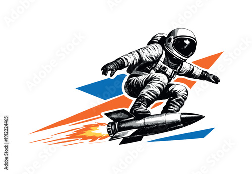 Modern graphic collage depicting a retro astronaut in a black and white vintage spacesuit riding a rocket like a