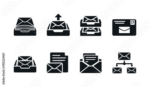 Office mail organization. Filled icon set of Office mail organization: incoming mail stack, outgoing mail tray, sorted