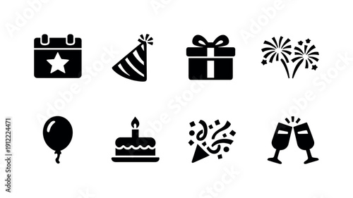 Holiday calendar icons. Filled icon set of Holiday calendar icons: calendar star, party hat, gift box, fireworks,