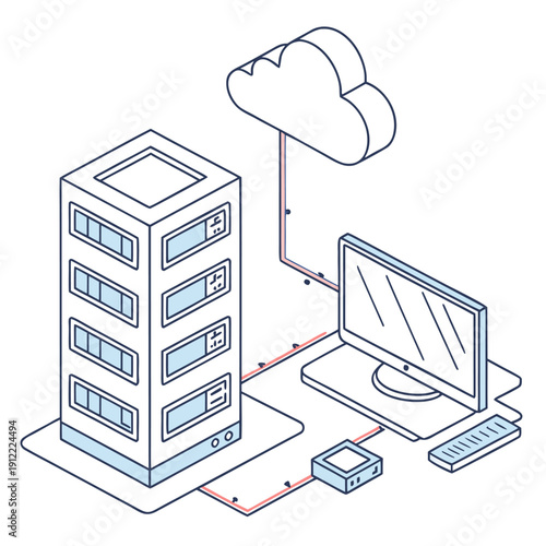 Modern server room with computer and cloud connection
