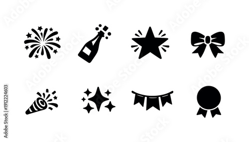 Holiday celebration icons. Filled icon set of Holiday celebration icons: fireworks burst, champagne bottle, celebration