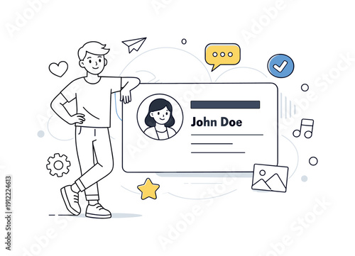 Digital Identity Illustration. User Account. Person standing next to a profile card with avatar and name, small icons