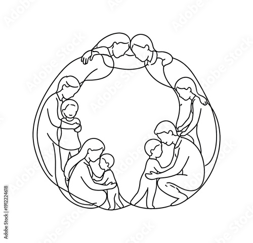 Supportive Culture. Minimalistic one-line drawing interconnected figures of adults and children forming a stable circle