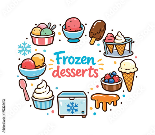 Frozen desserts. Hand drawn illustration of Frozen desserts. gelato cup, ice cream scoop, sorbet bowl, frozen yogurt