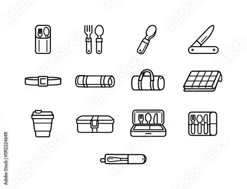 Travel dining accessories. Line outline icon set of Travel dining accessories: cutlery pouch, compact fork, compact