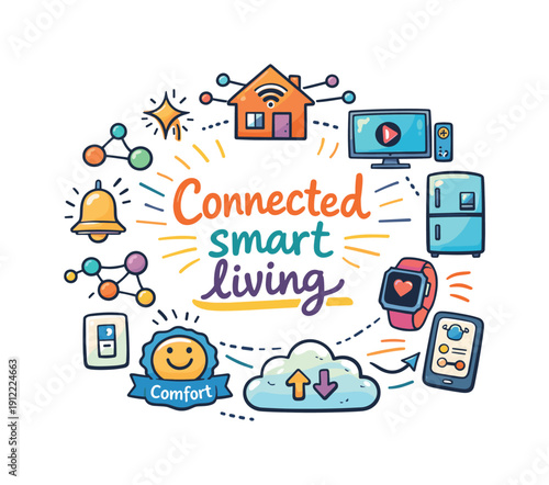 Connected smart living. Hand drawn illustration of Connected smart living. connected house icon, network nodes, smart TV