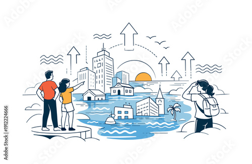 Rising sea levels. Coastal city partially submerged, buildings emerging from calm blue water, people standing on higher