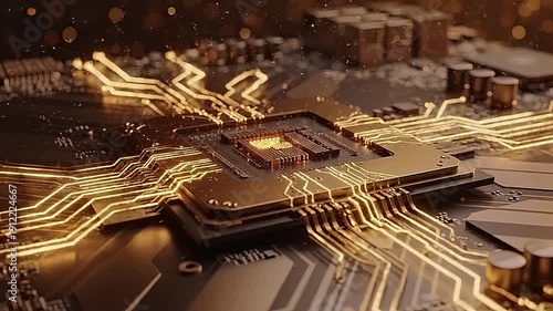 Advanced Microchip Circuit Board with Illuminated Golden Pathways.