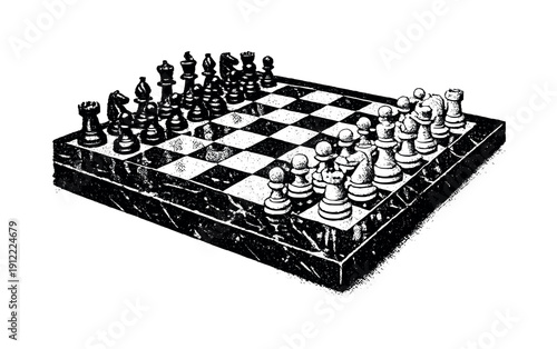 Angled perspective of a black marble chessboard, partially cropped by the frame edges, reflective surface abstracted