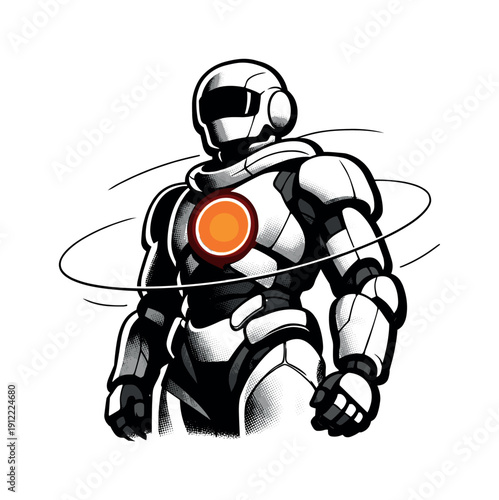 A black-and-white humanoid figure made of soft mechanical forms, rounded machine parts, fabric-like surfaces, and