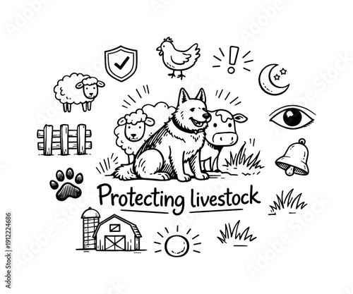 Protecting livestock. Hand-drawn doodle illustration of Protecting livestock. In the middle, one slightly larger central