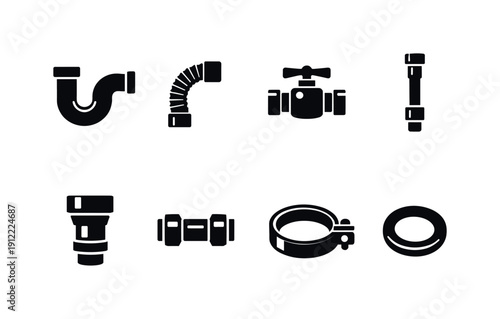 Plumbing under kitchen sink. Filled icon set of Plumbing under kitchen sink: P-trap pipe, flexible hose, shutoff valve,