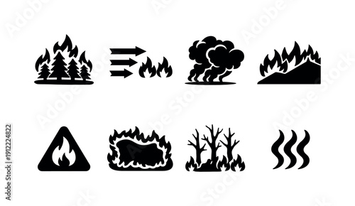 Forest fires. Filled icon set of Forest fires: blazing forest, fire spread arrows, smoke clouds, burning hillside, fire