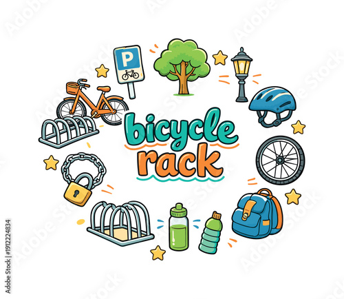bicycle rack. Hand drawn illustration of bicycle rack. parked bicycle, metal rack, bike wheel, lock chain, helmet,