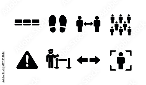 Public safety spacing. Filled icon set of Public safety spacing: queue markers, standing spots, distance warning, people