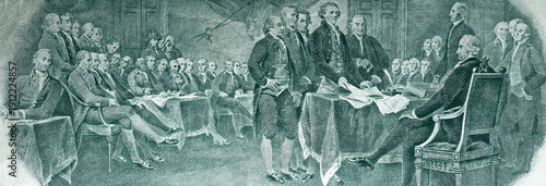 The process of signing the US Declaration of Independence July 4, 1776 on the two dollar bill. Panoramic fragment of the back side of the two-dollar bill