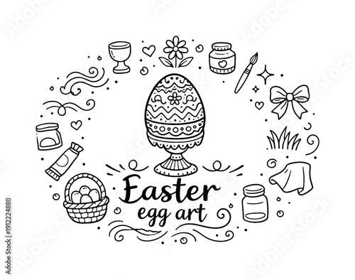 Easter egg art. Hand-drawn doodle illustration of Easter egg art. In the middle, one slightly larger central doodle