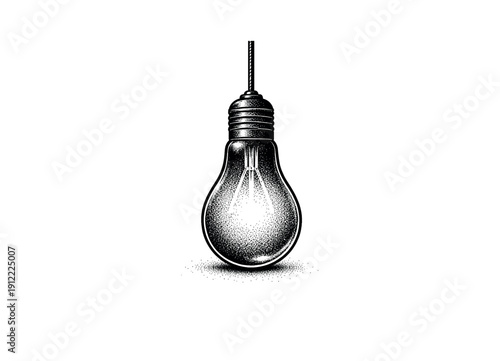 A single oversized light bulb hanging low as if pulled down by gravity, filament glowing implied only by dense halftone